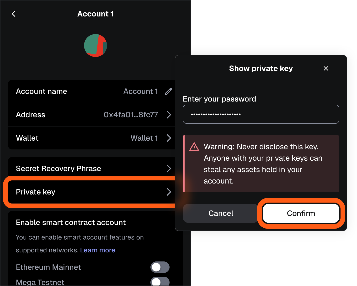 MetaMask extension locate account private key confirmation