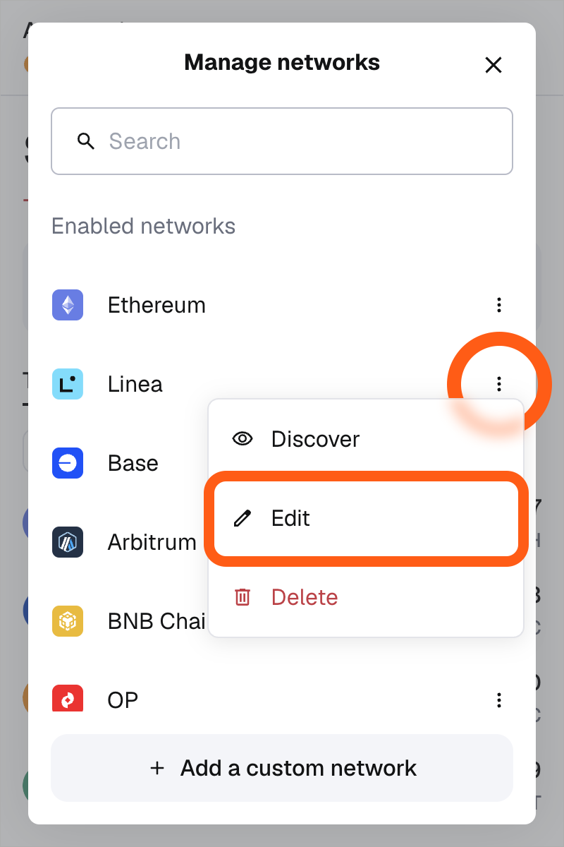 MetaMask extension networks menu edit network details