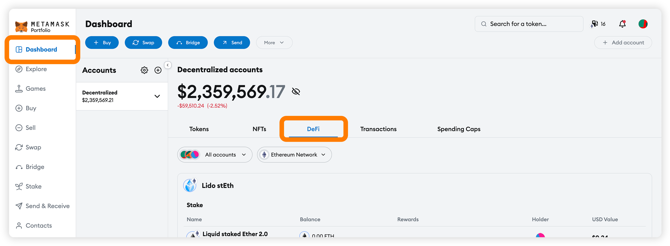 MetaMask Portfolio locate Defi
tab
