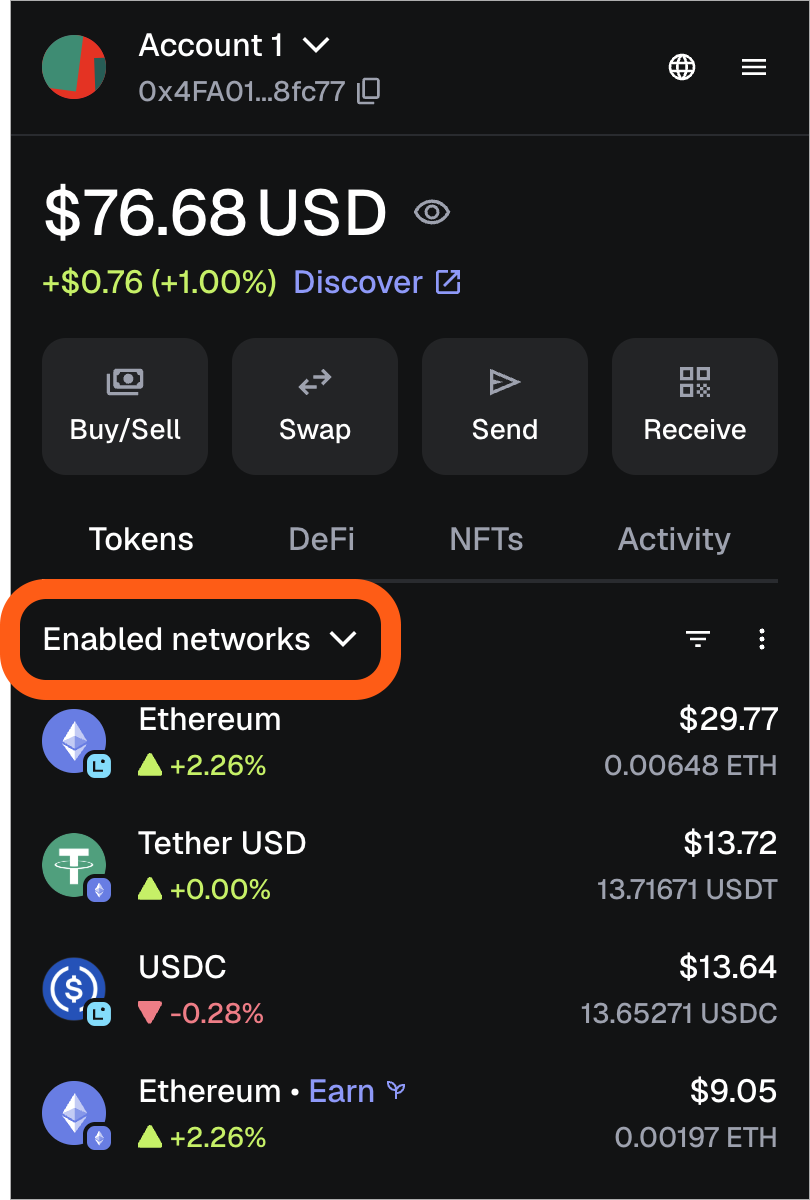MetaMask extension enabled networks dropdown