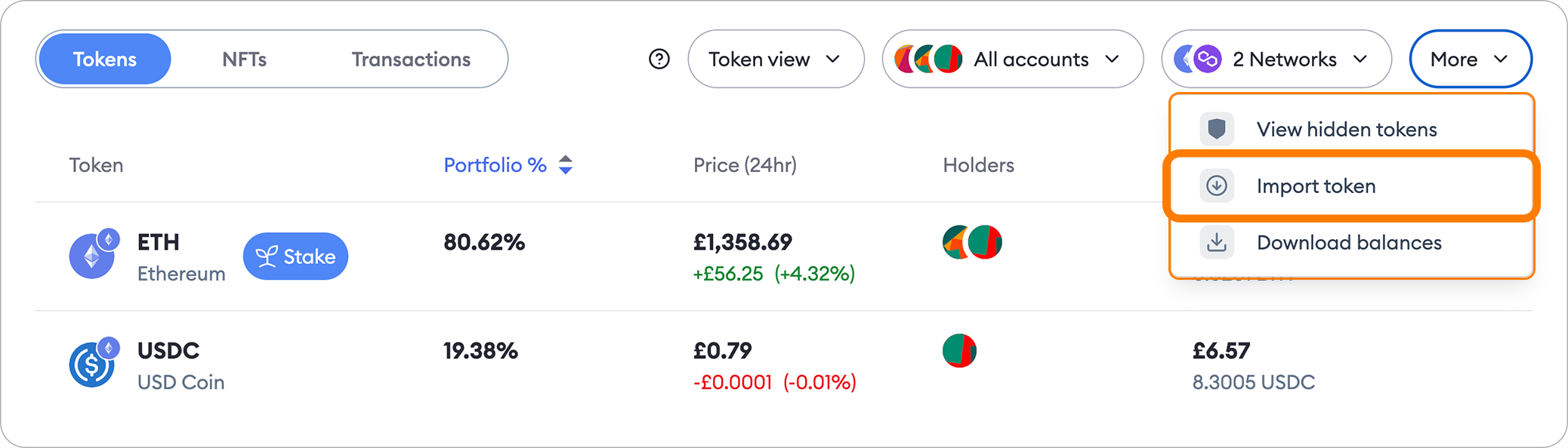 MetaMask Portfolio import token
button