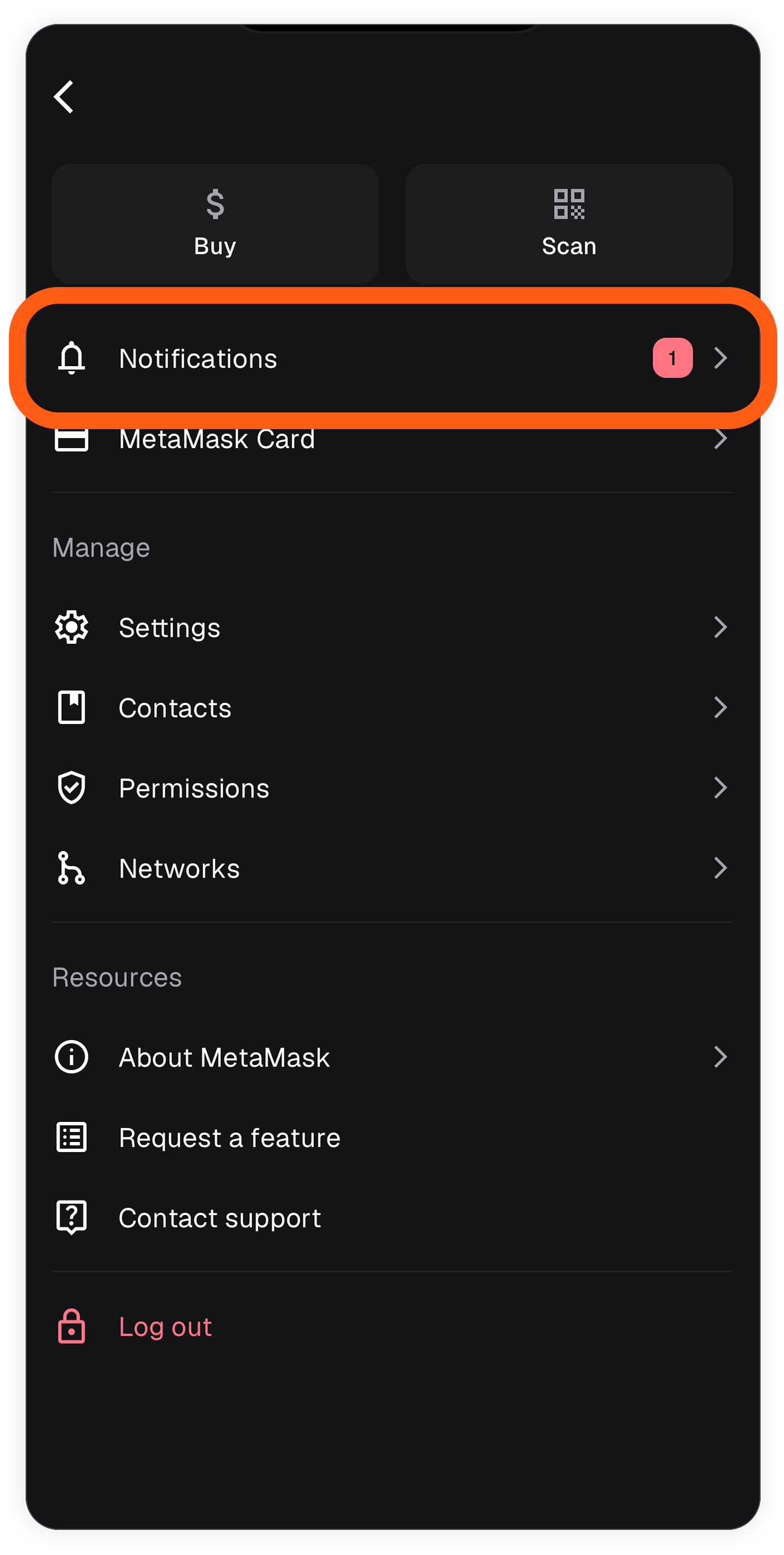 MetaMask mobile locate notifications menu item