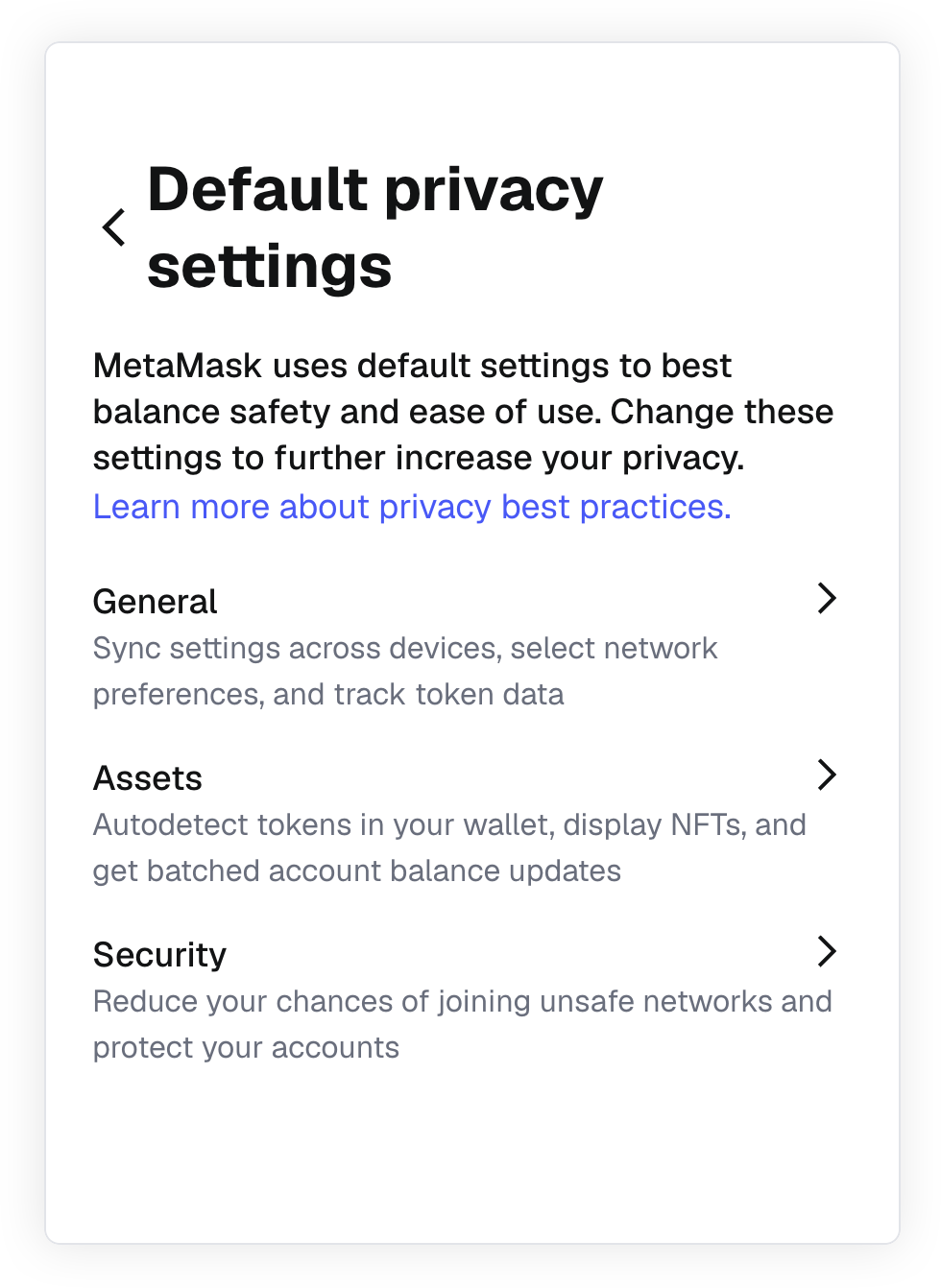 MetaMask extension onboarding manage default settings menu