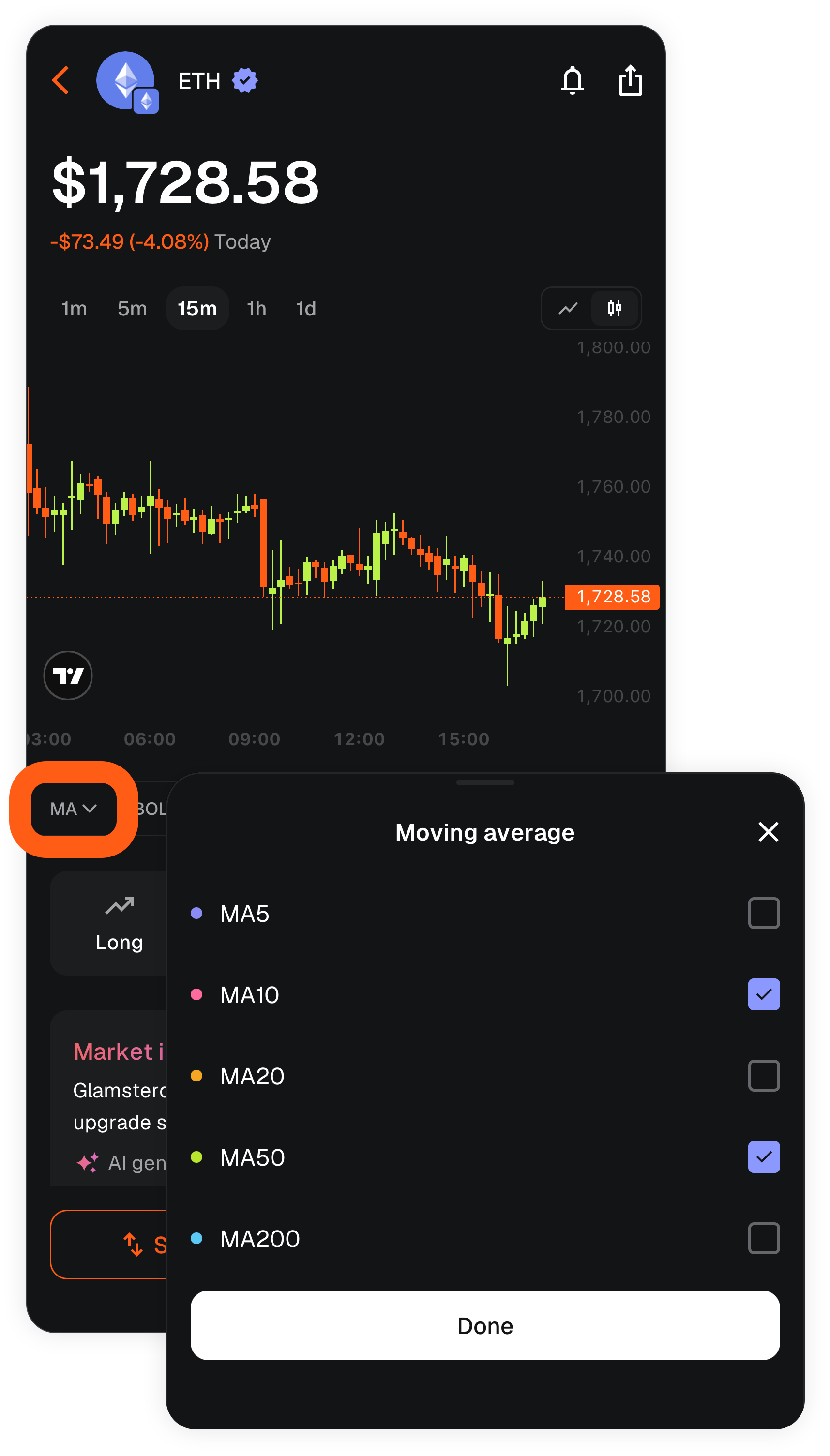 MetaMask mobile technical indicators moving average select values