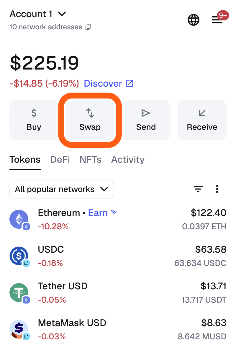 MetaMask extension swap button