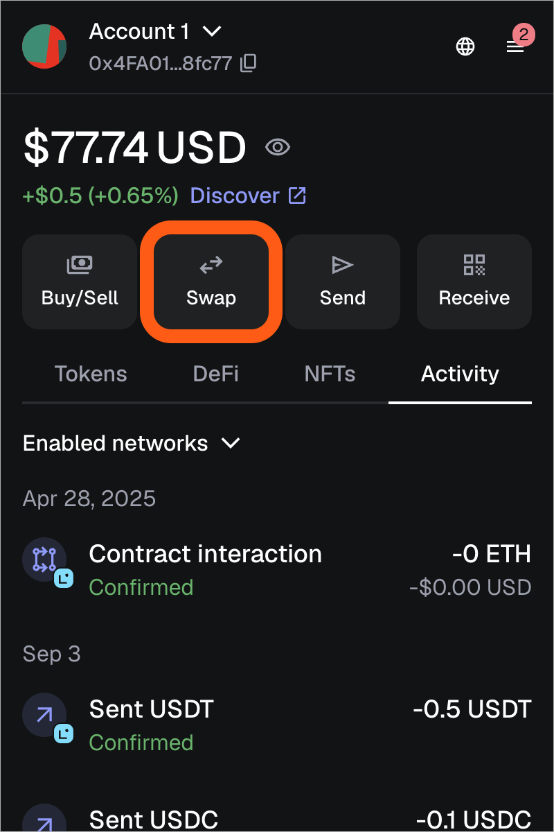 MetaMask home screen swap button