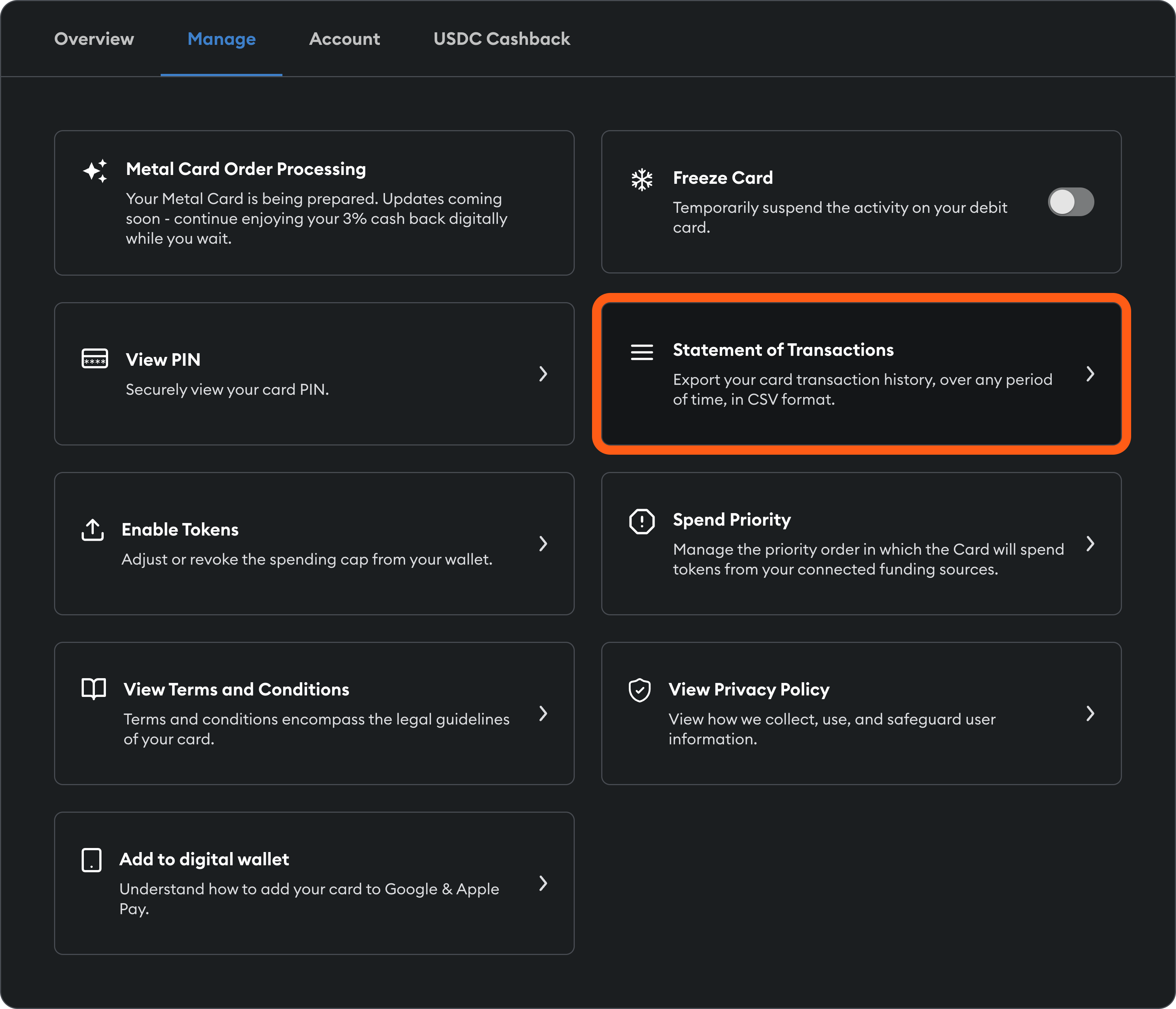 MetaMask Card manage statement of transactions