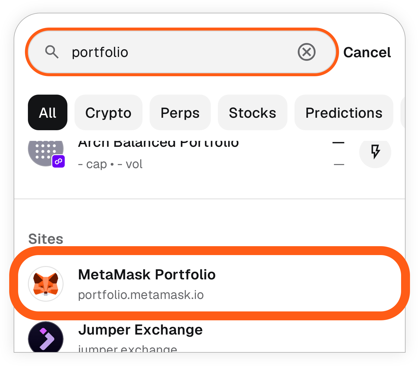 MetaMask Mobile search for portfolio