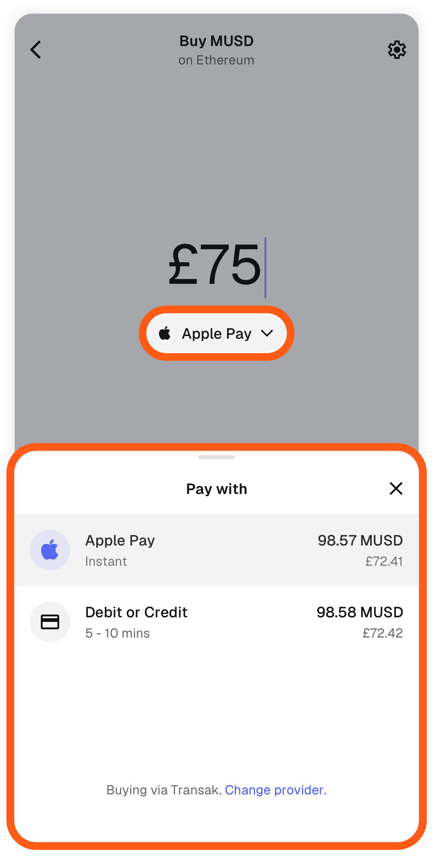 MetaMask mobile buy choose payment method