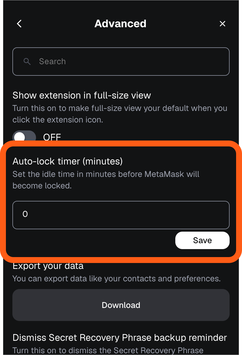 MetaMask extension set auto lock timer