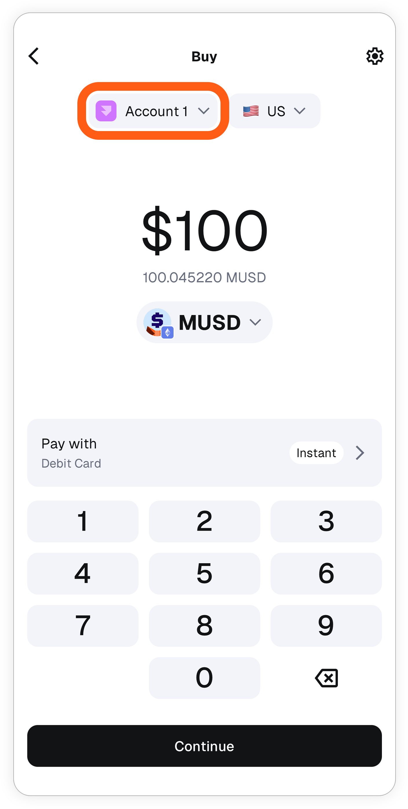 MetaMask mobile: comprar mUSD, escolher conta de destino