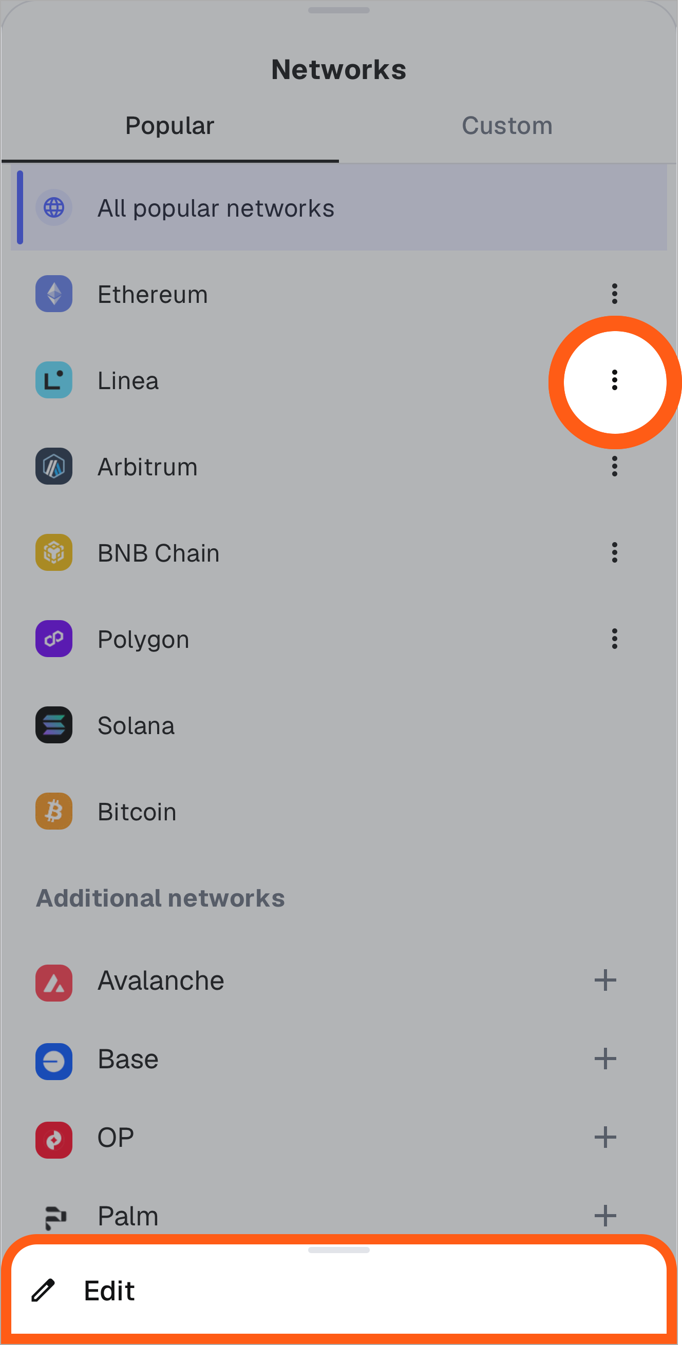 MetaMask mobile edit existing network option