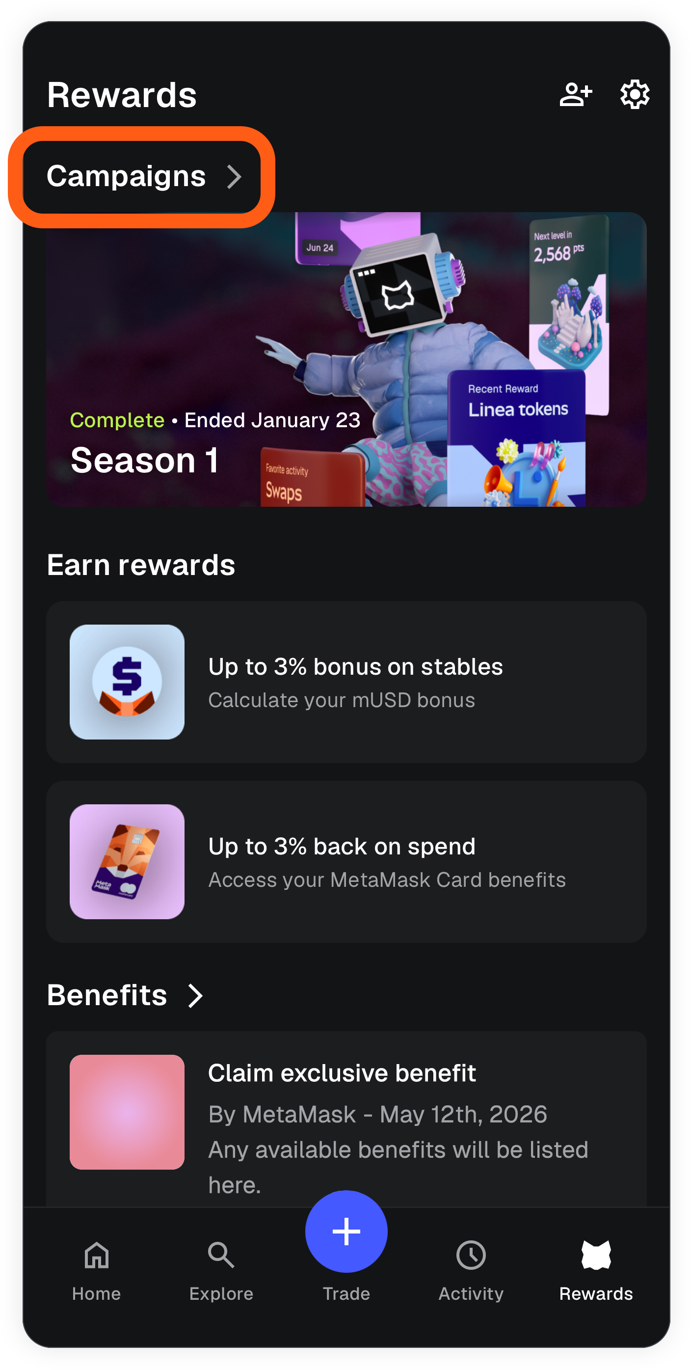 MetaMask mobile rewards main screen campaigns