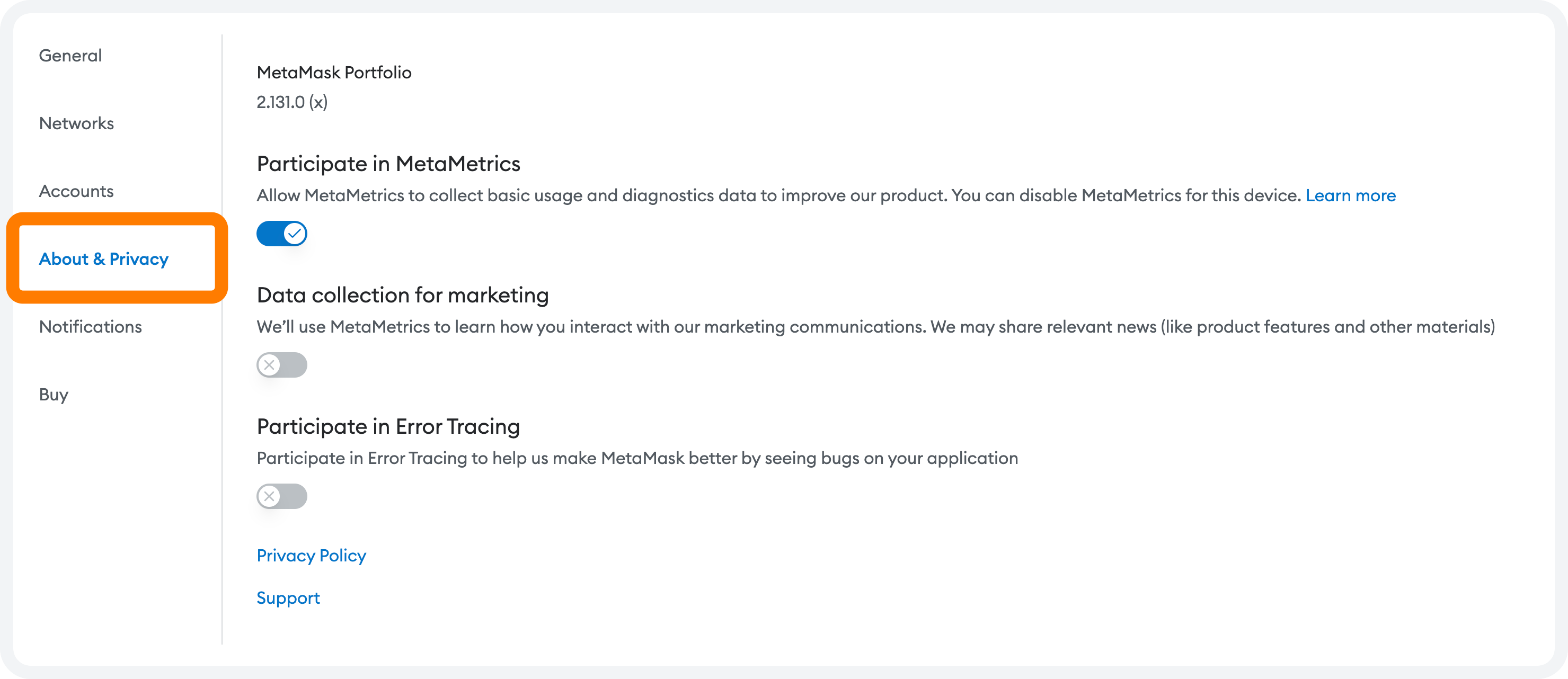 MetaMask Portfolio MetaMetrics
settings