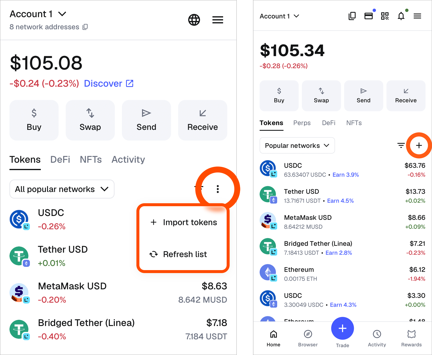 MetaMask locate add token plus button