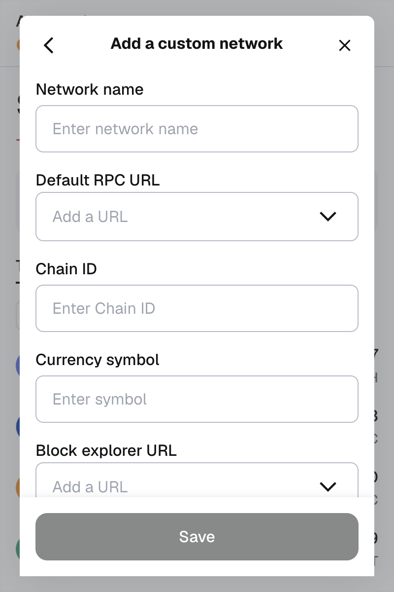 MetaMask extension add custom network modal form