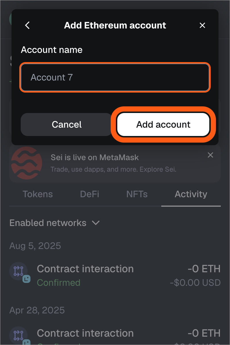 MetaMask extension add ethereum account name and add