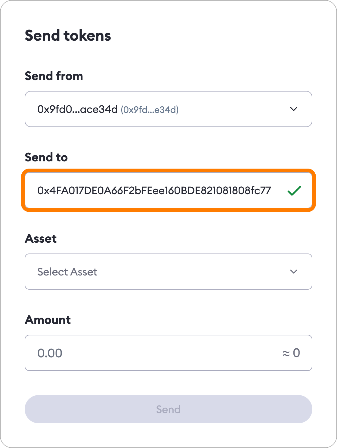 MetaMask Portfolio send tokens recipent
address