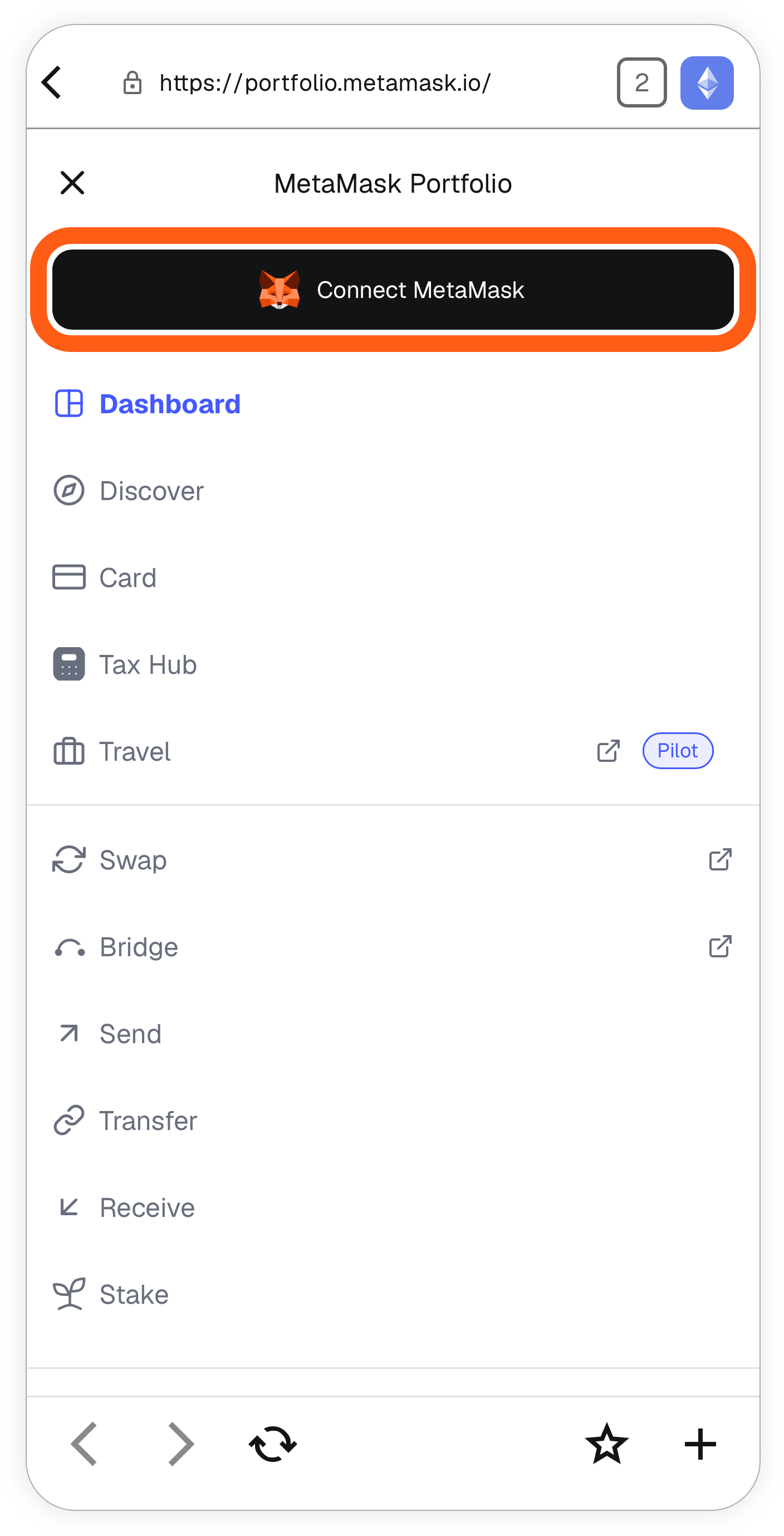 MetaMask Mobile portfolio locate connect wallet button