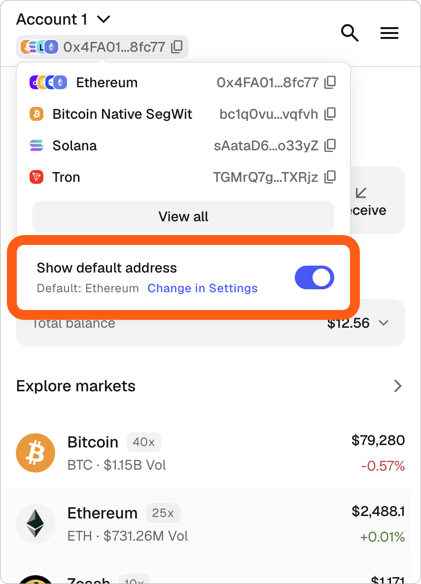 MetaMask extension addresses dropdown show default address