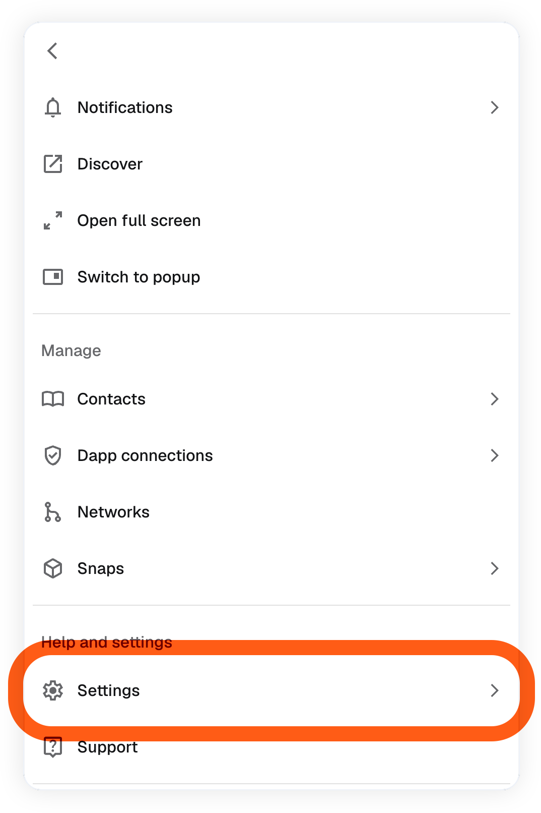 MetaMask extension locate menu settings subitem