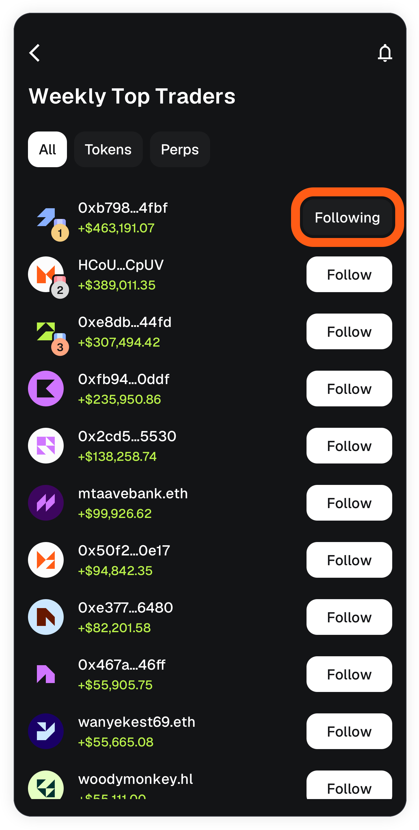 MetaMask mobile weekly top traders following button