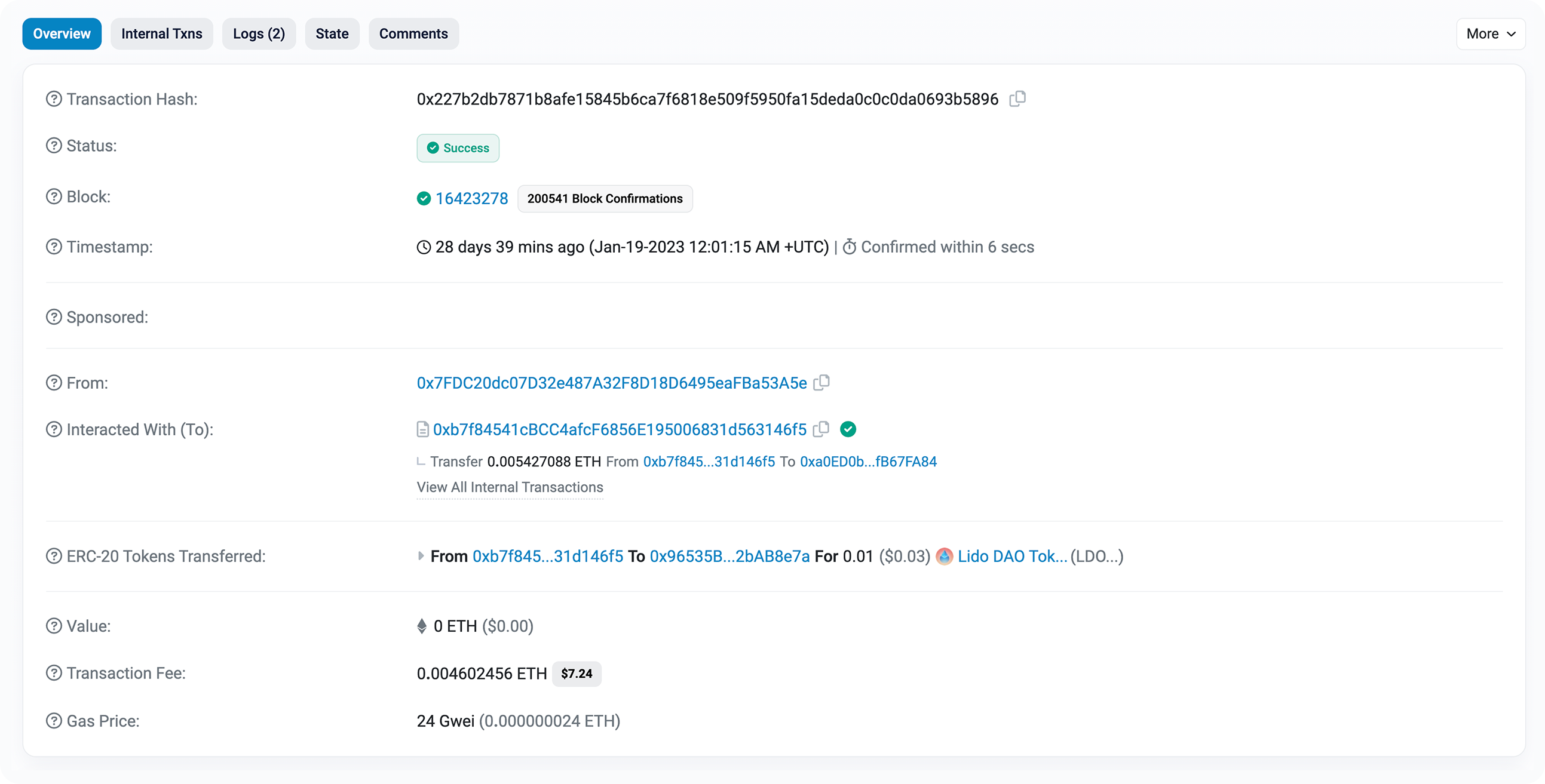 Internal Transaction
Example