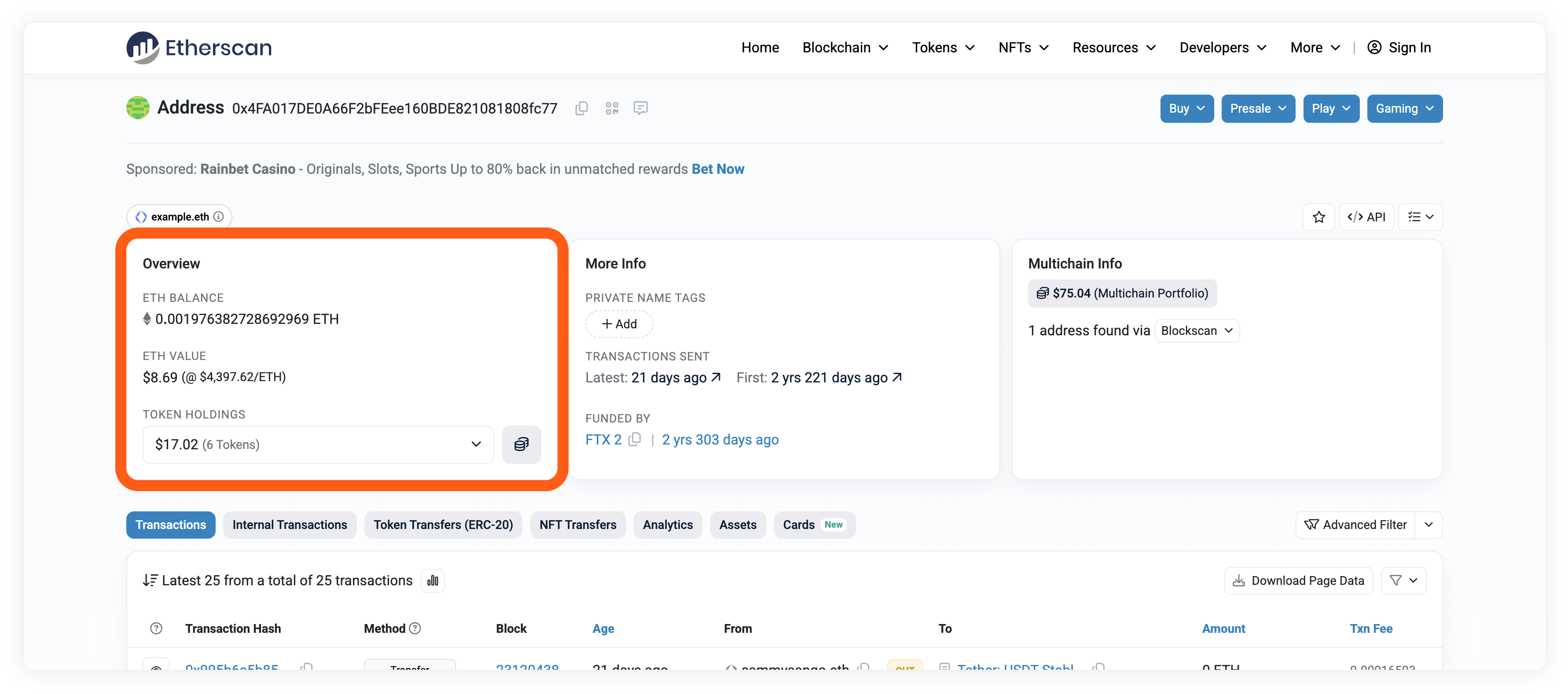 Etherscan account address overview