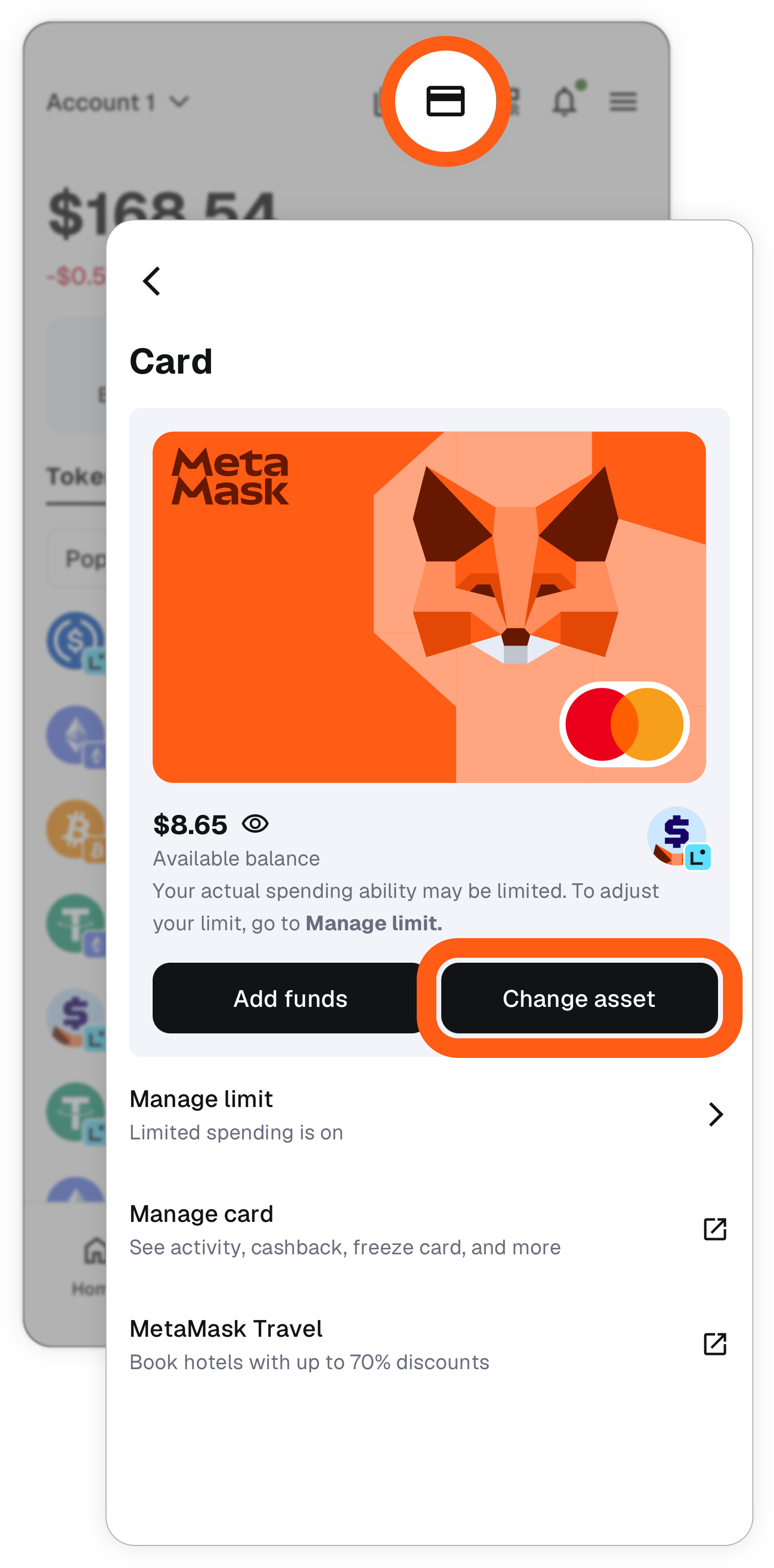 MetaMask mobile: menu de cartão, alteração da navegação de ativos