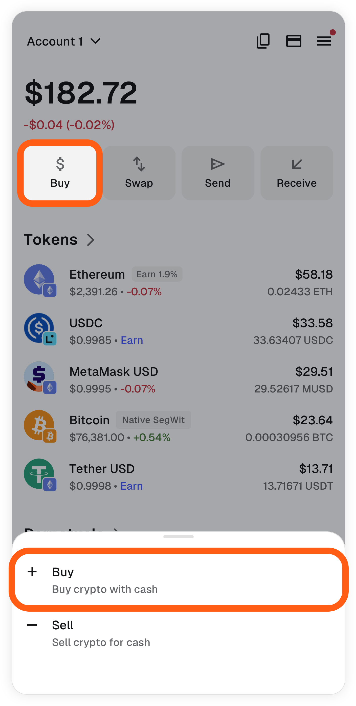 MetaMask mobile buy option from buy/sell menu