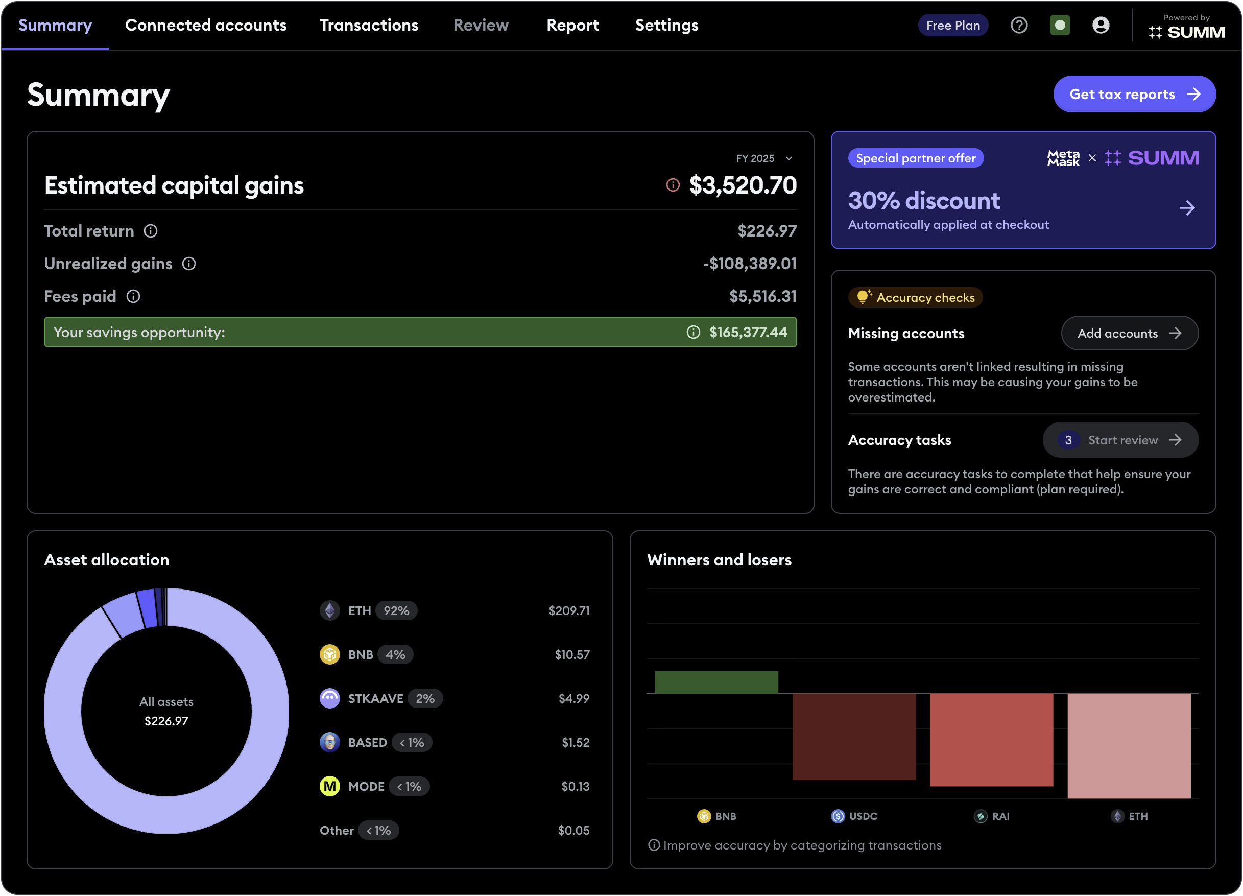 MetaMask Portfolio Summ tax report summary page