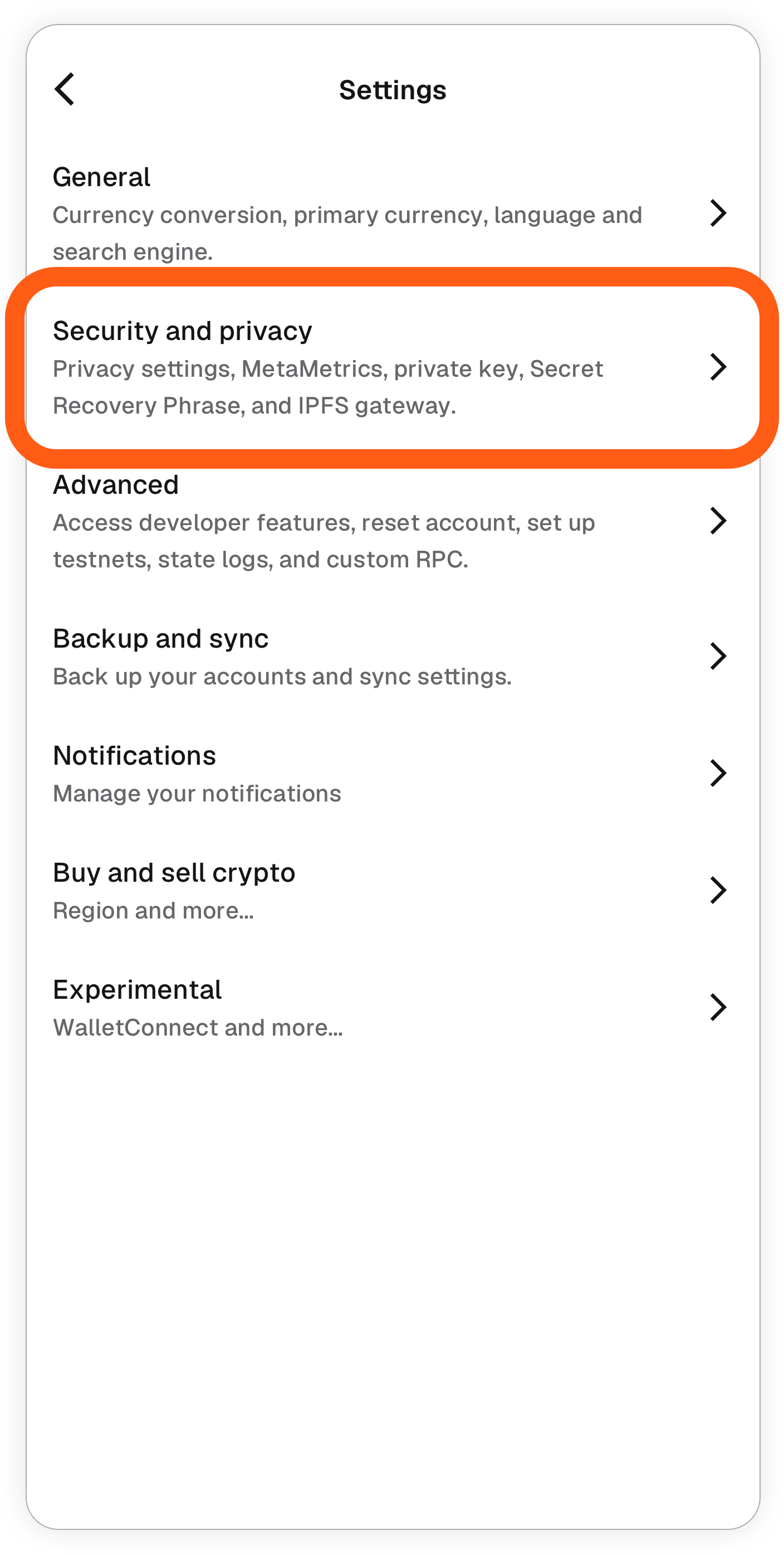 MetaMask mobile locate settings security and privacy menu