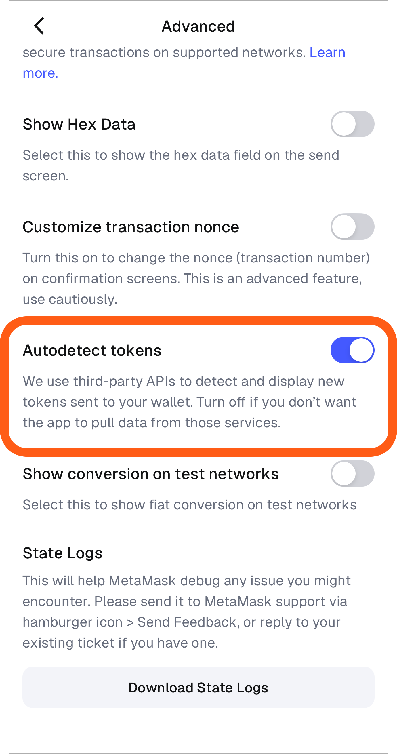 MetaMask mobile advanced settings autodetect tokens toggle