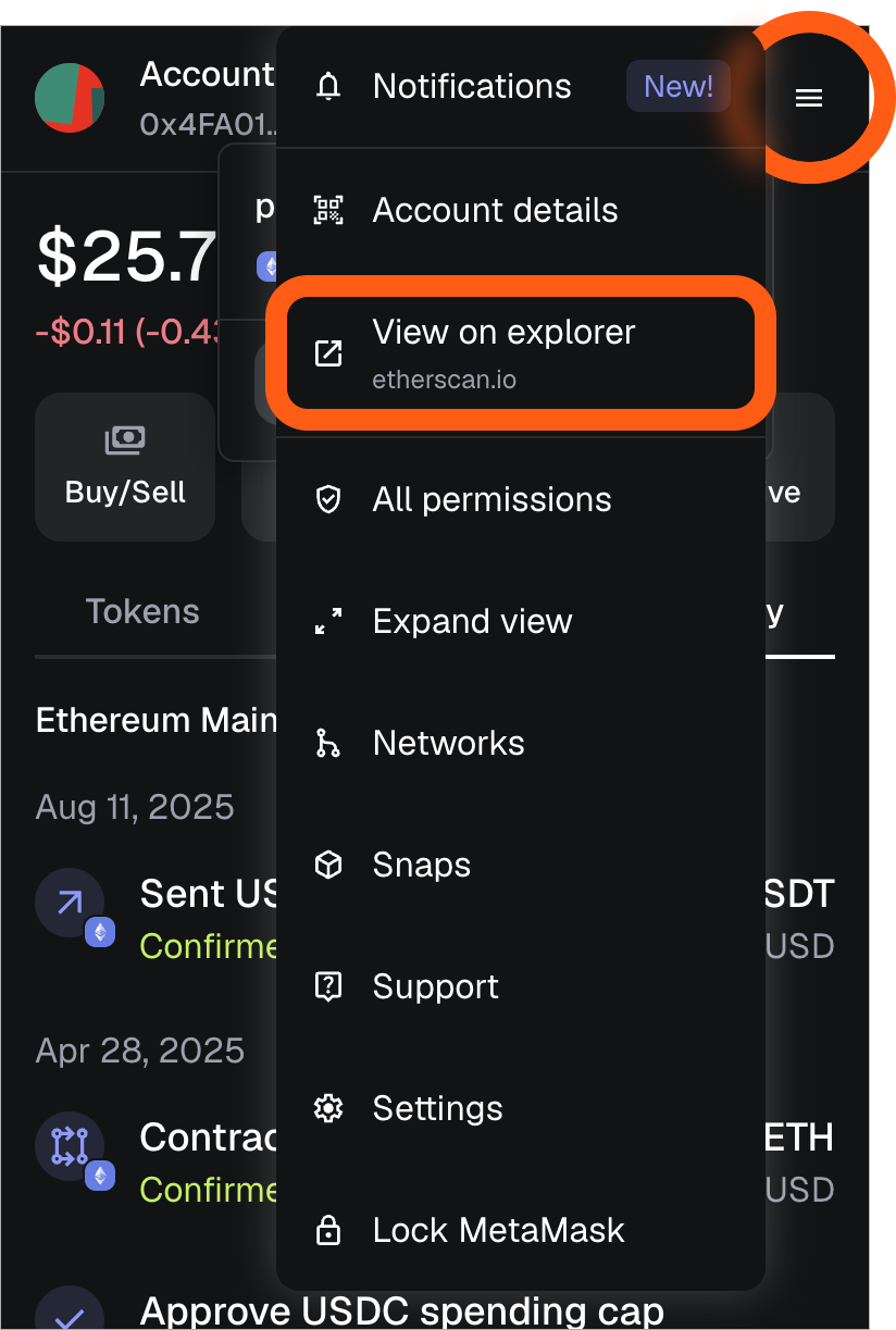 MetaMask extension locate view on explorer