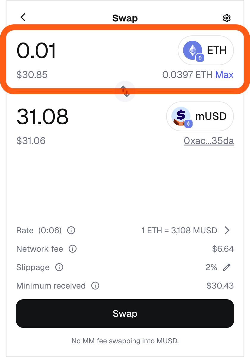 MetaMask extension choose amount and token to swap
