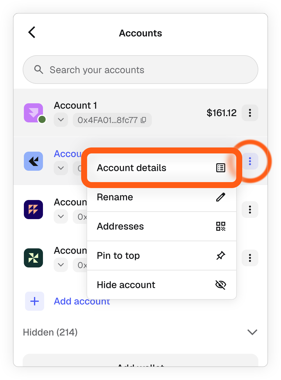 MetaMask extension account list view account details option