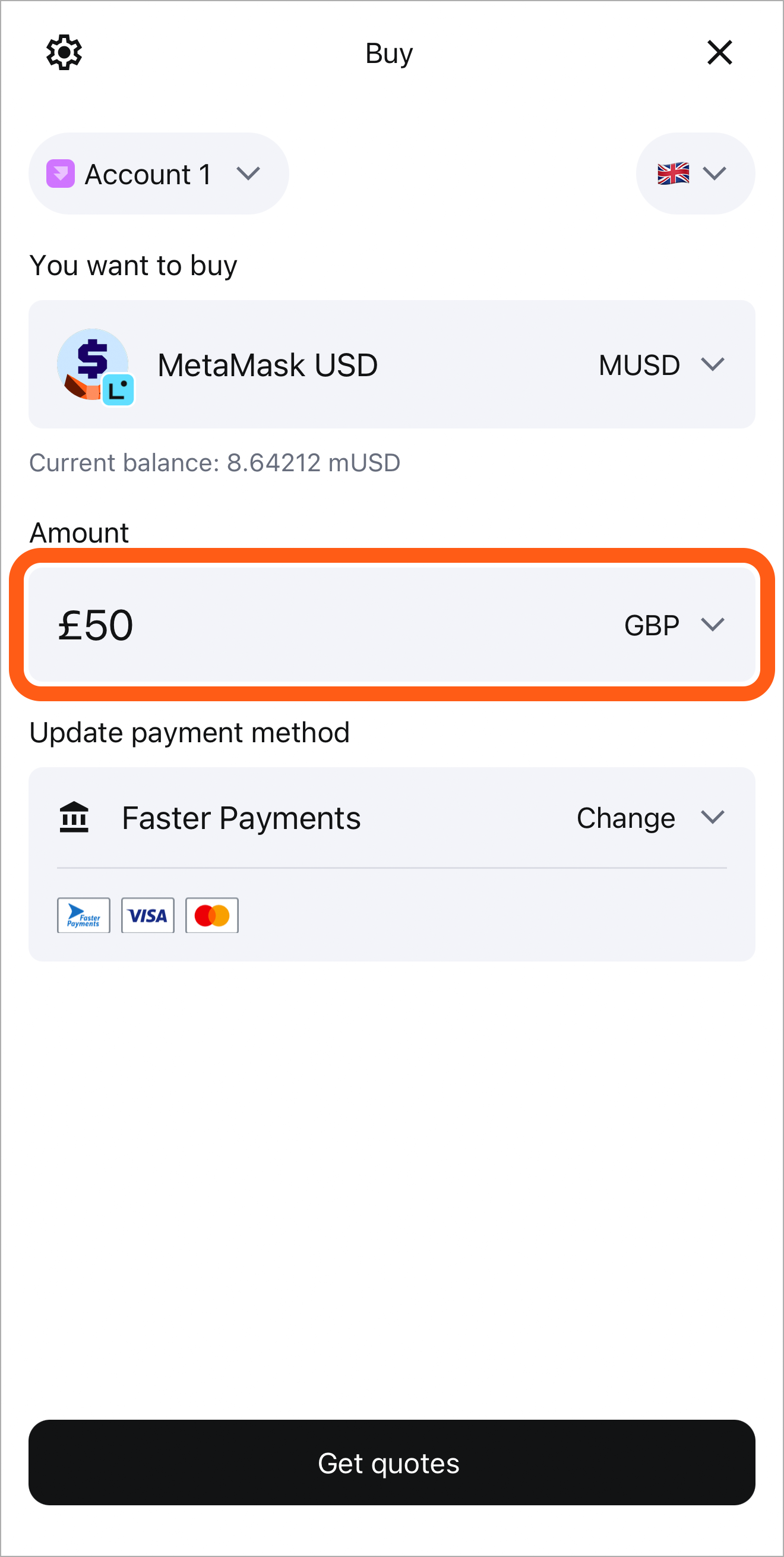 MetaMask mobile buy screen input amount