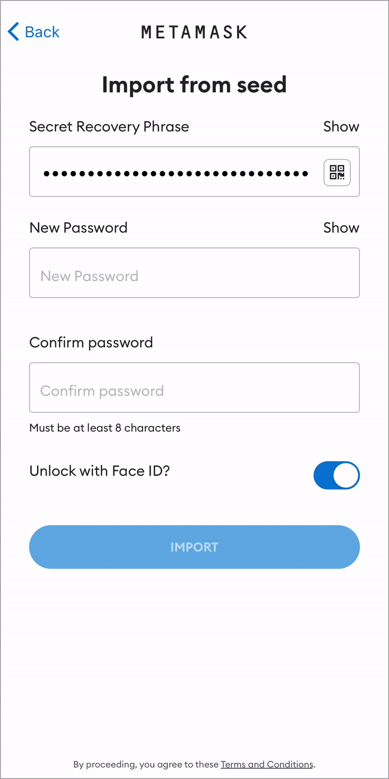 MetaMask SRP recovery mobile