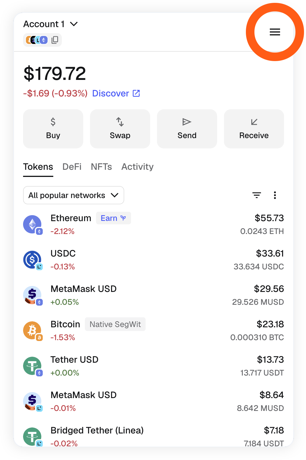 MetaMask extension locate menu settings icon