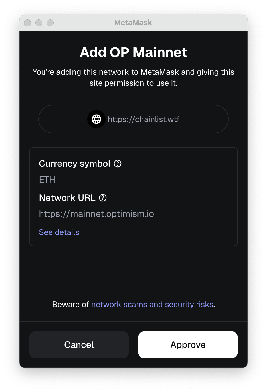 MetaMask add OP mainnet approval request