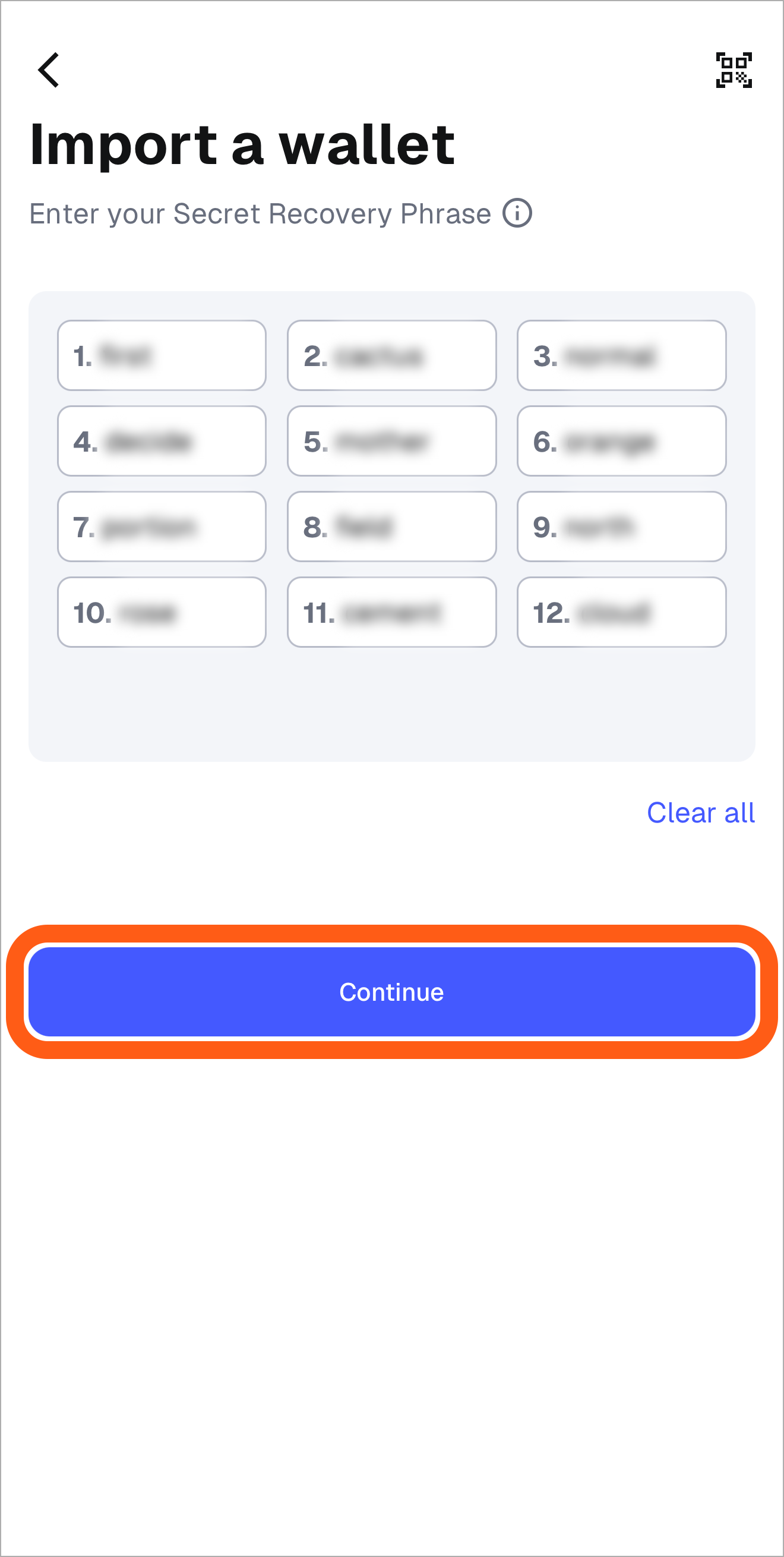 MetaMask mobile add wallet input secret recovery phrase