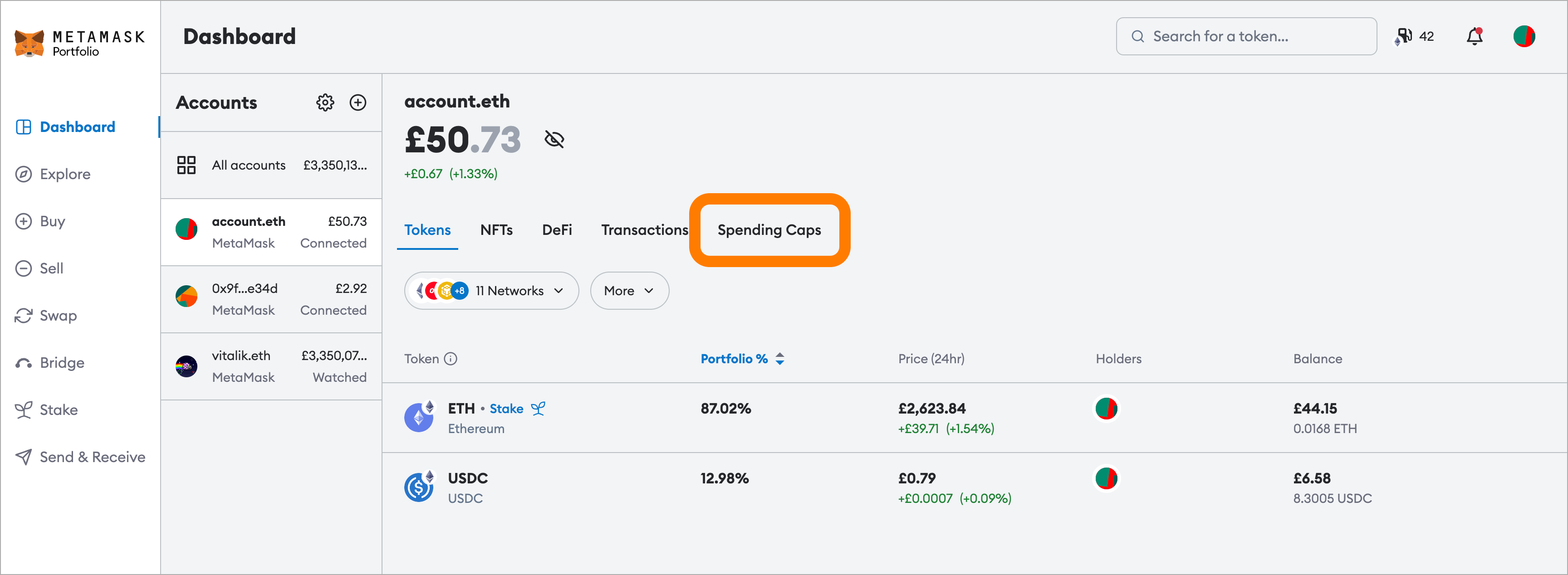 MetaMask Portfolio spending caps
tab