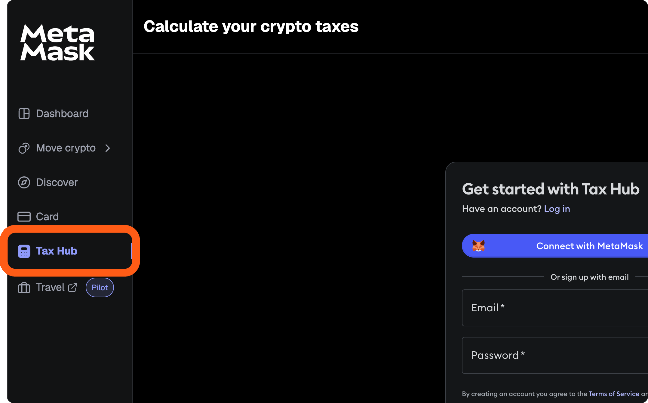 MetaMask Portfolio locate tax hub tab