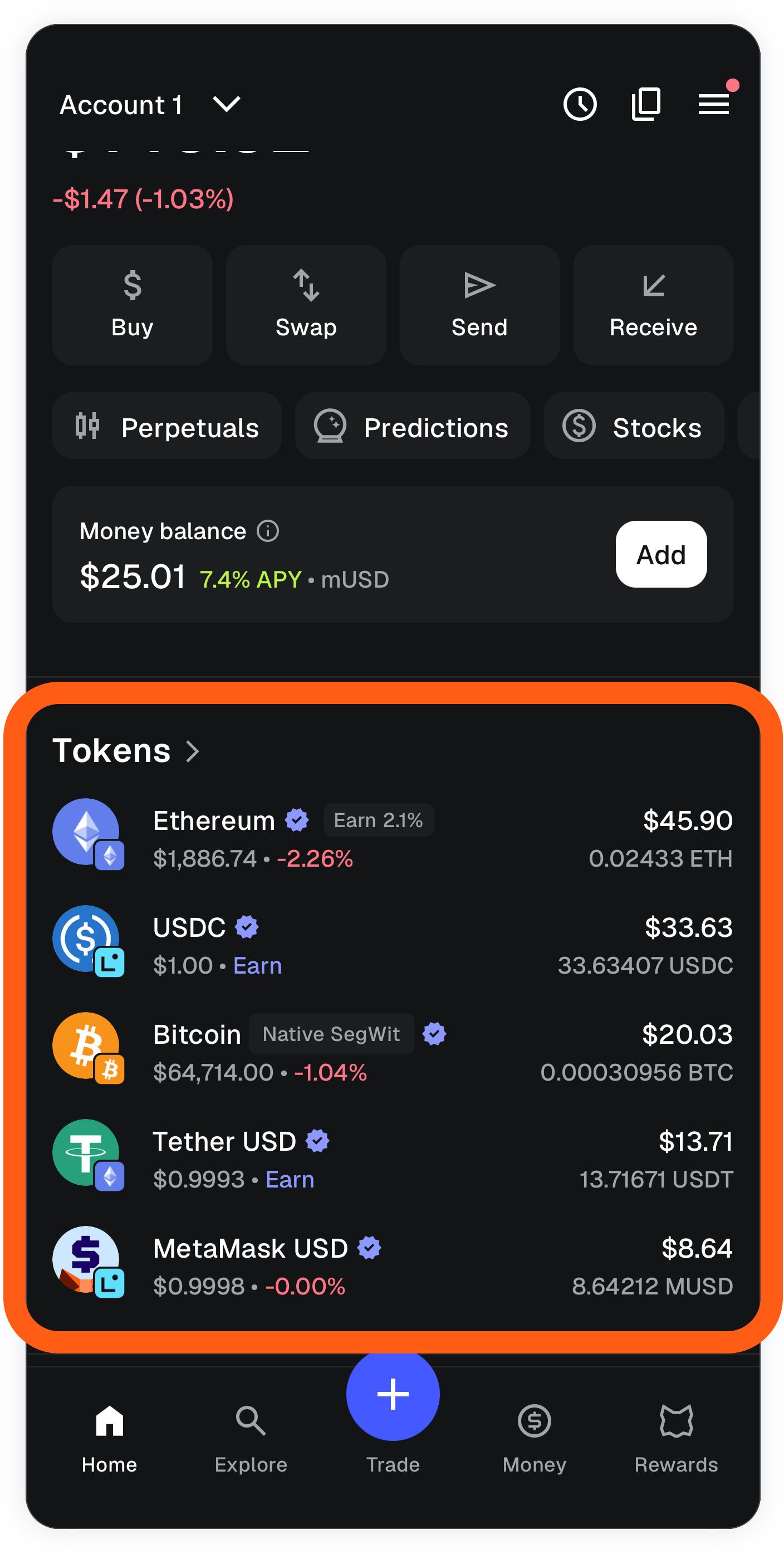 MetaMask mobile locate tokens list