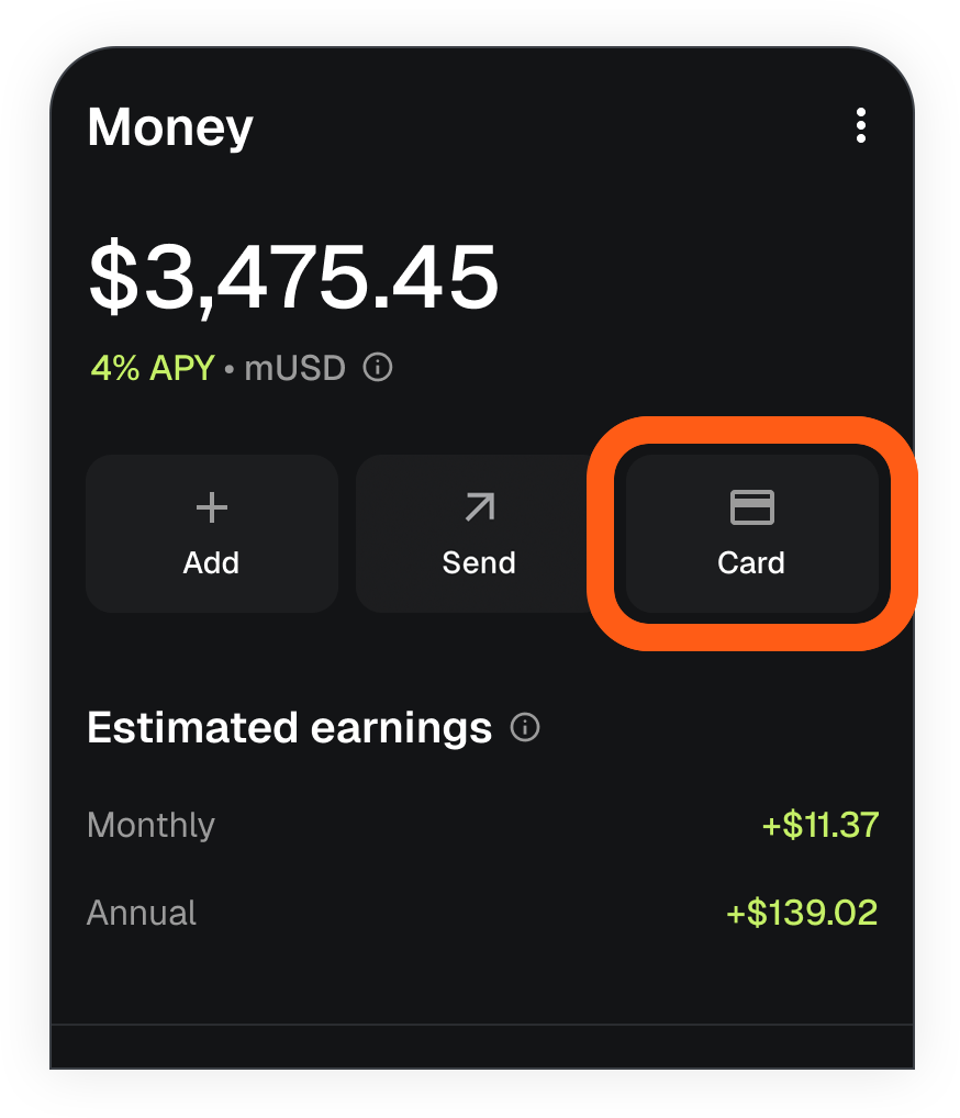 MetaMask mobile money account card button