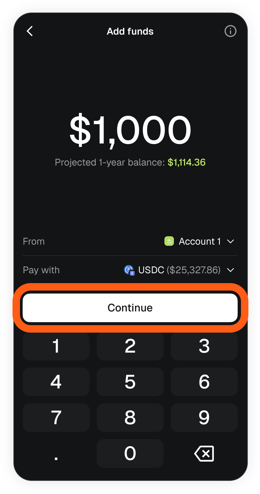MetaMask mobile money account select amount to deposit