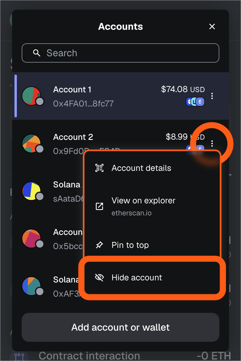 MetaMask extension account list hide account option