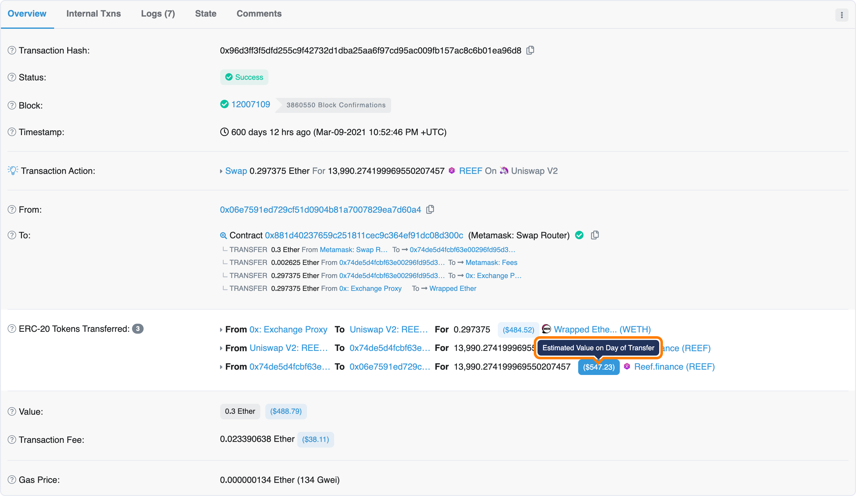 Etherscan price at time of
swap