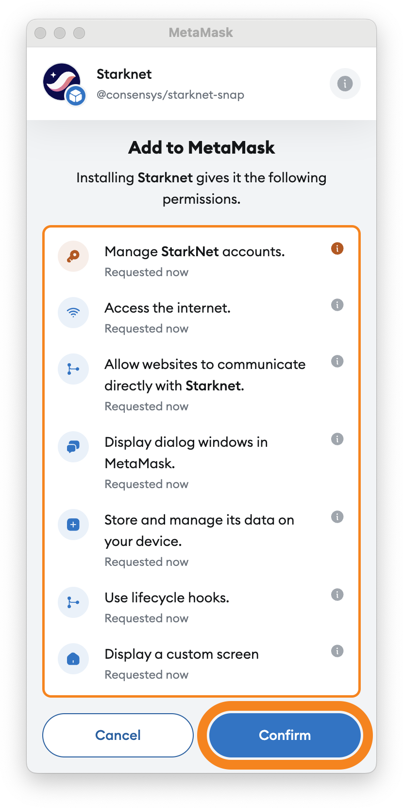 Review permissions requested by the Starknet
Snap