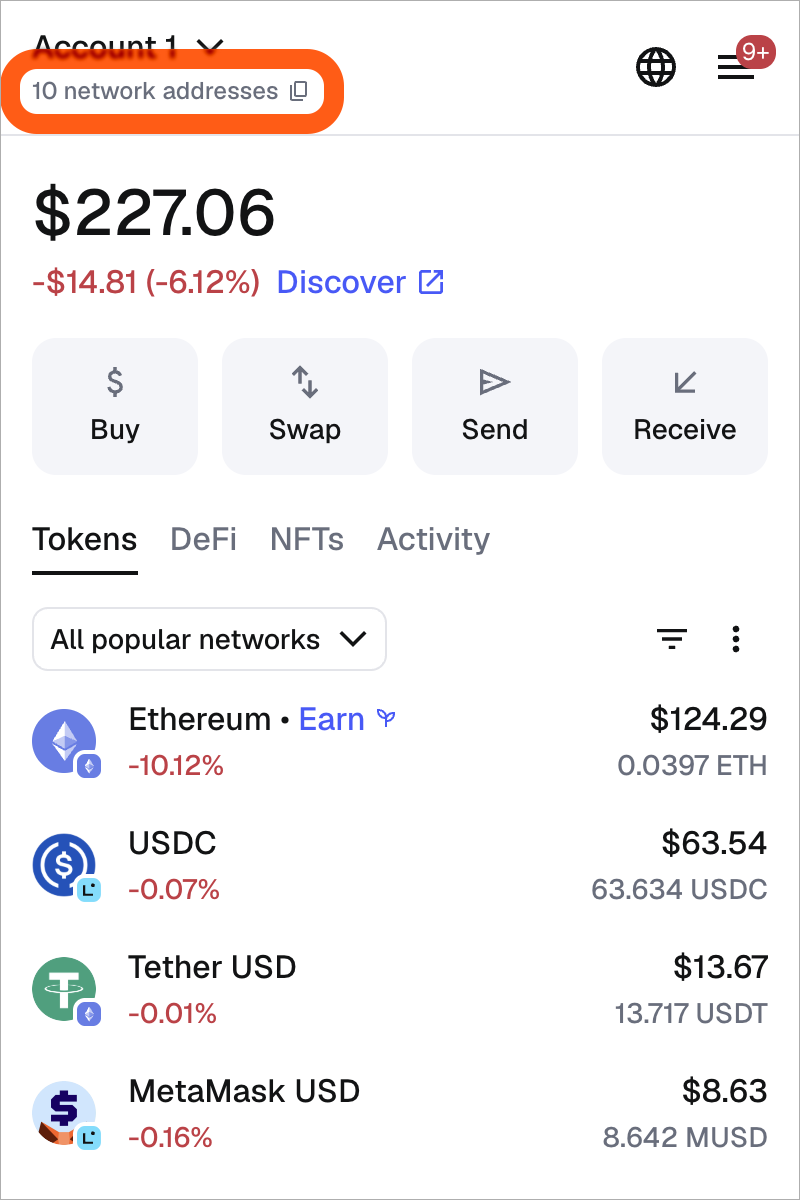 MetaMask extension locate wallet addresses list